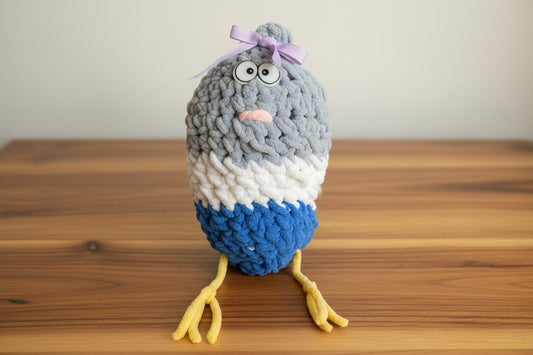 crochet blue white and dark blue chicken