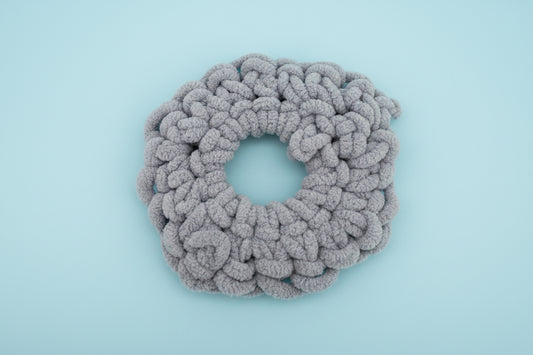 light blue crochet scrunchie